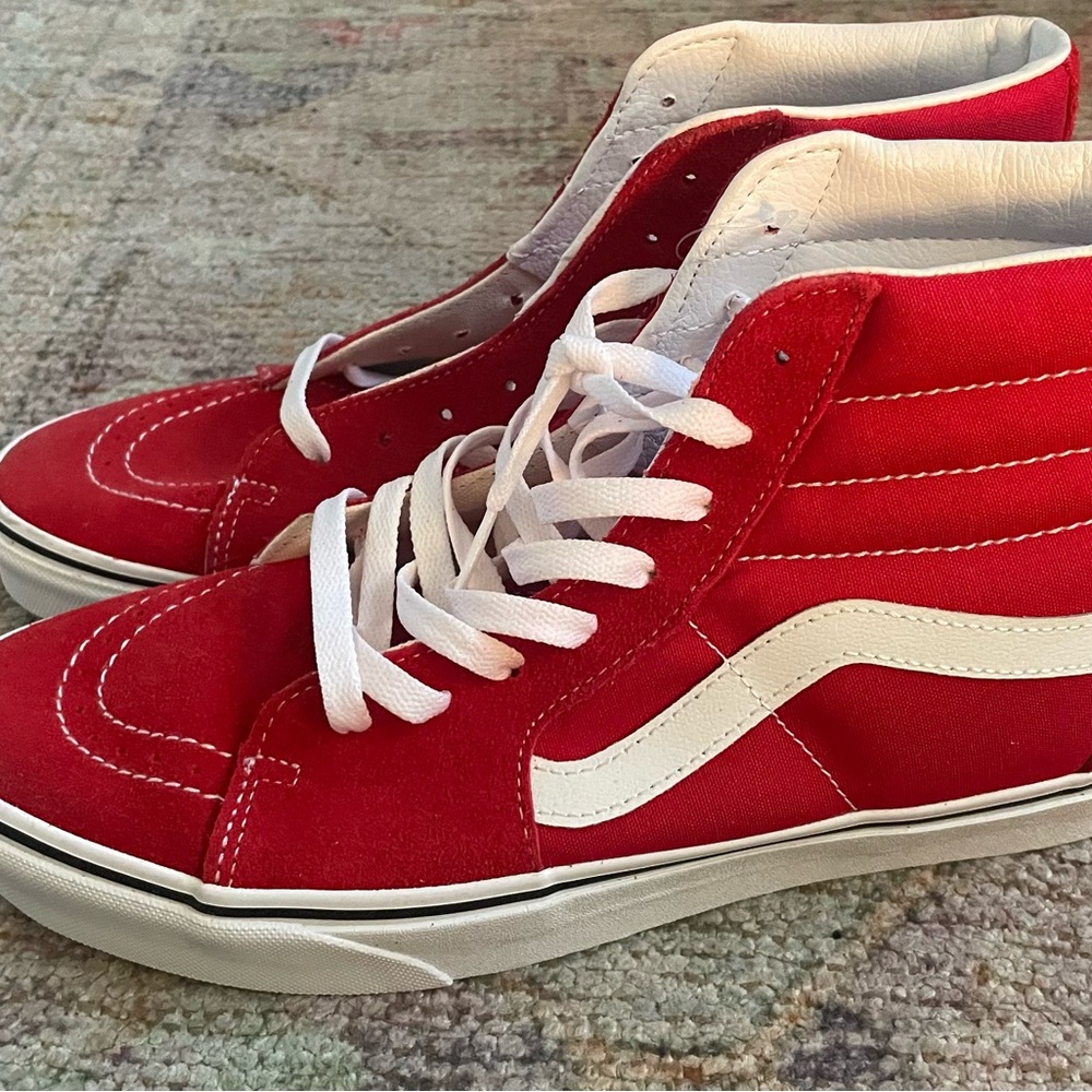 Vans Red and White High-Top Sneakers